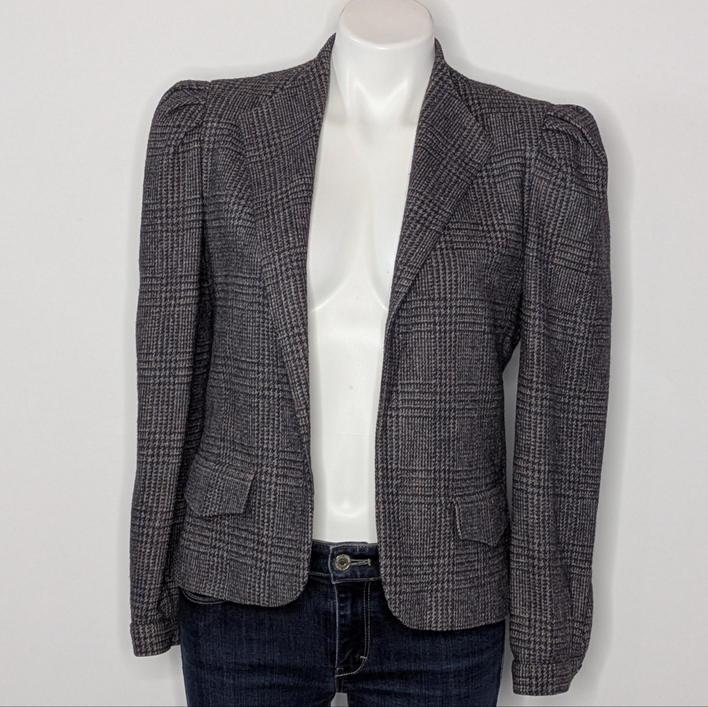 Vintage Peabody House Blue Tan Grey Woven Wool Blend Open Jacket 7/8